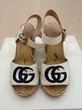 Gucci White Leather Wedge Sandals with Navy GG Logo